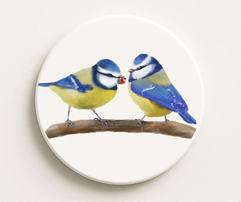Blue Tit Birds Ceramic Coaster - MerikaArt