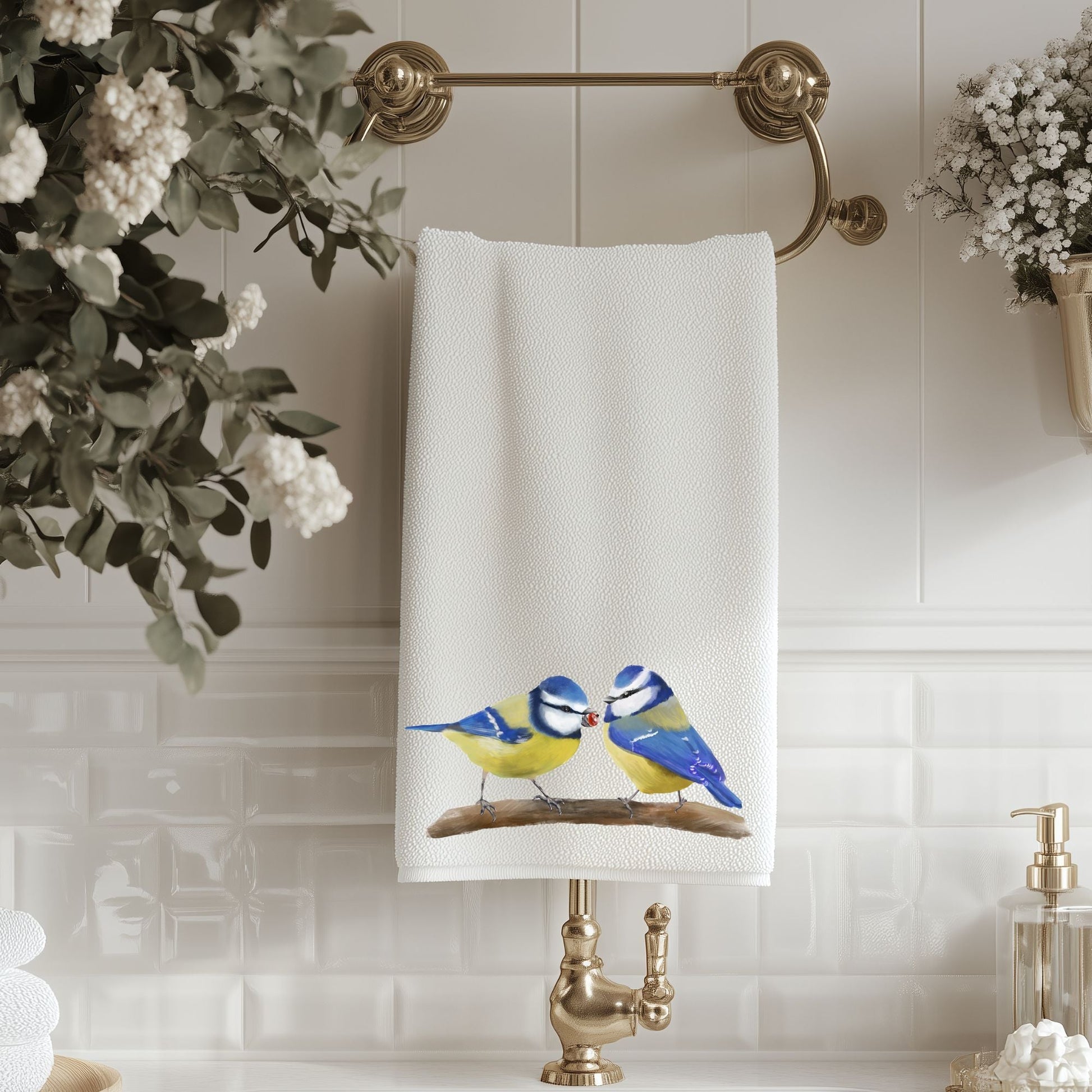 Blue Tit Pair Bathroom Towel - MerikaArt
