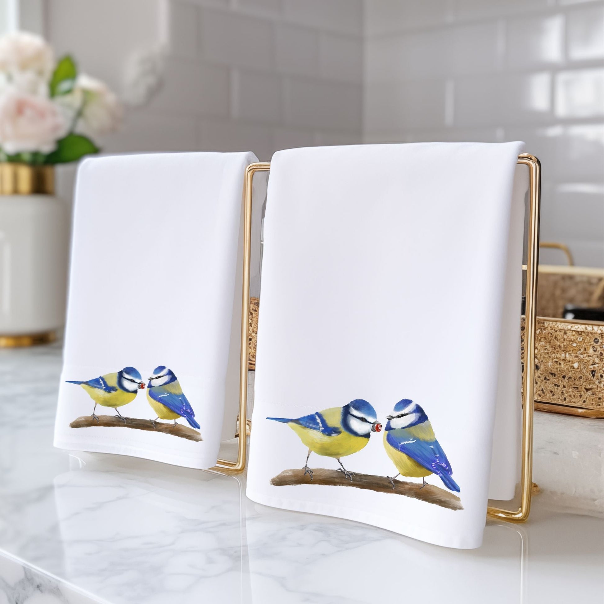 Blue Tit Pair Bathroom Towel - MerikaArt