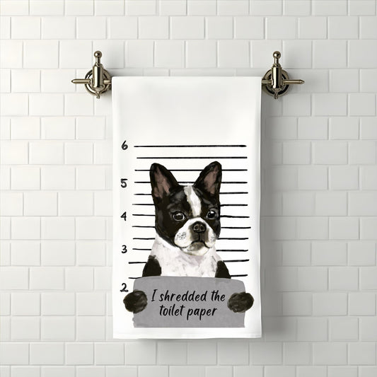 Boston Terrier Mugshot Bathroom Towel - MerikaArt