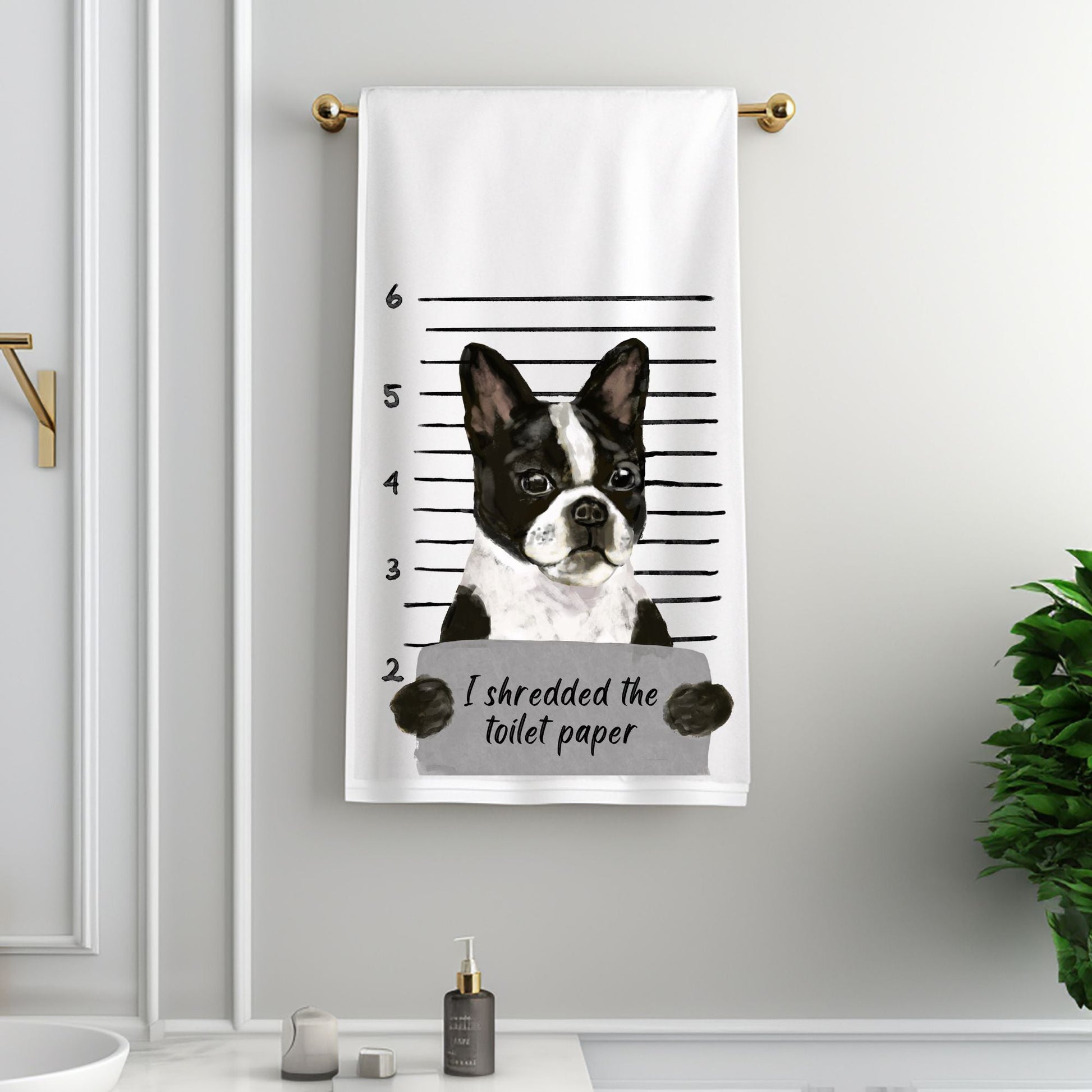 Boston Terrier Mugshot Bathroom Towel - MerikaArt