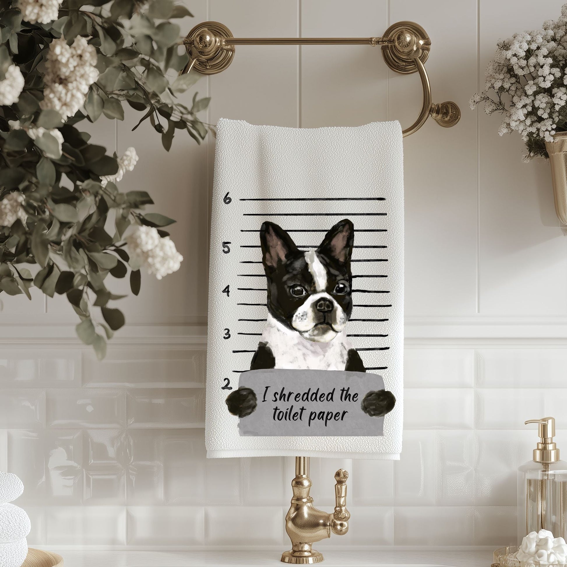 Boston Terrier Mugshot Bathroom Towel - MerikaArt