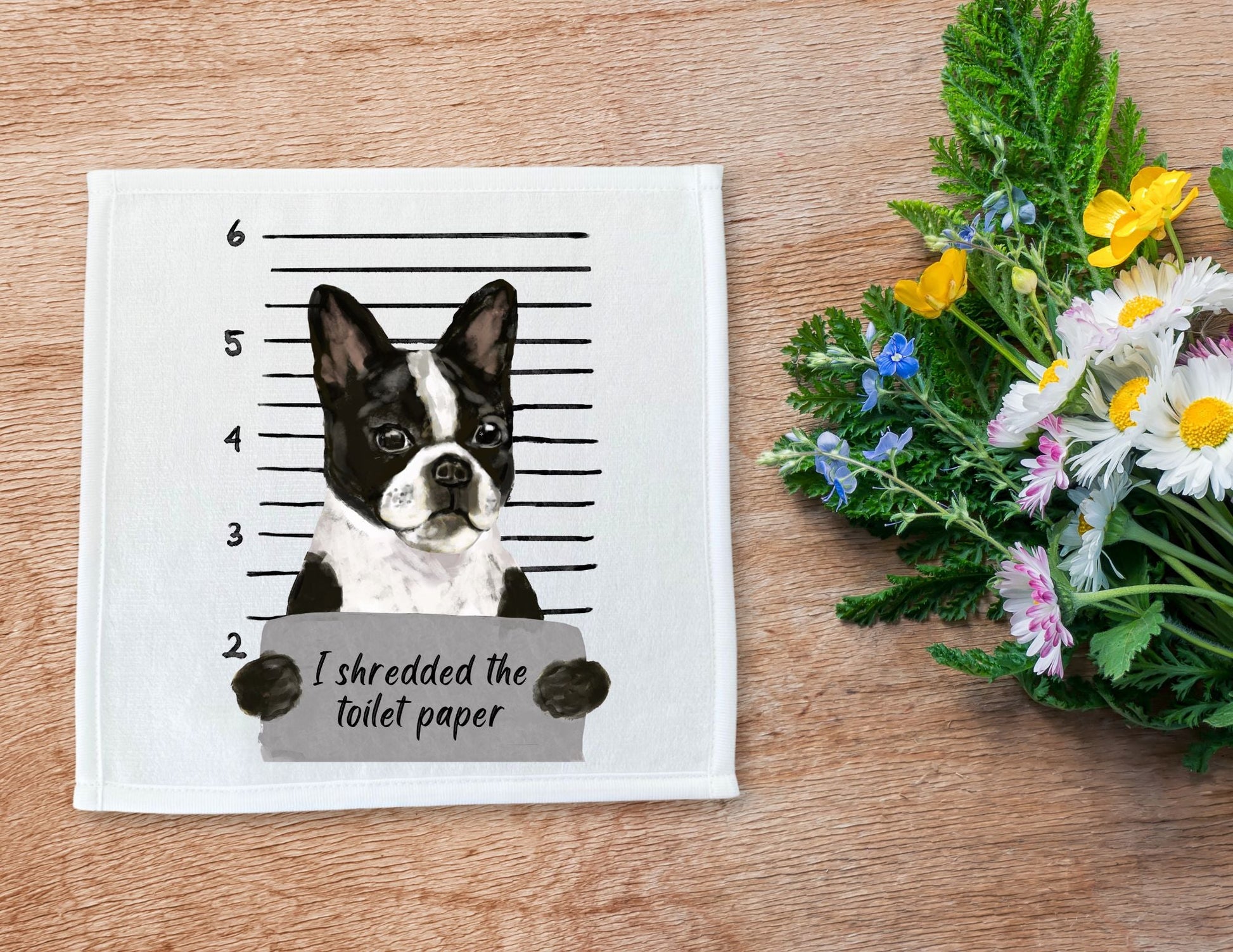Boston Terrier Mugshot Washcloth - MerikaArt