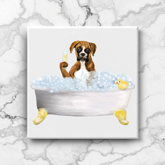 Boxer Dog in Bathtub Ceramic Tile – Handcrafted Whimsical Pet Art Decor - MerikaArt