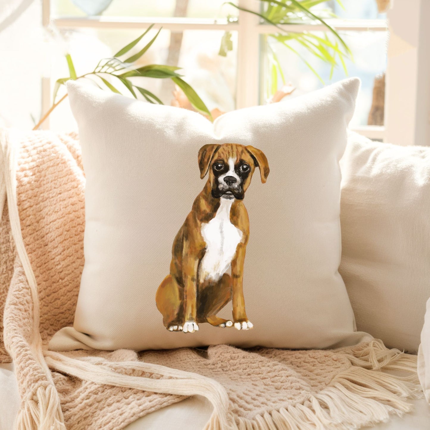 Boxer Dog Pillow Brown and White Dog Lovers Gift - MerikaArt
