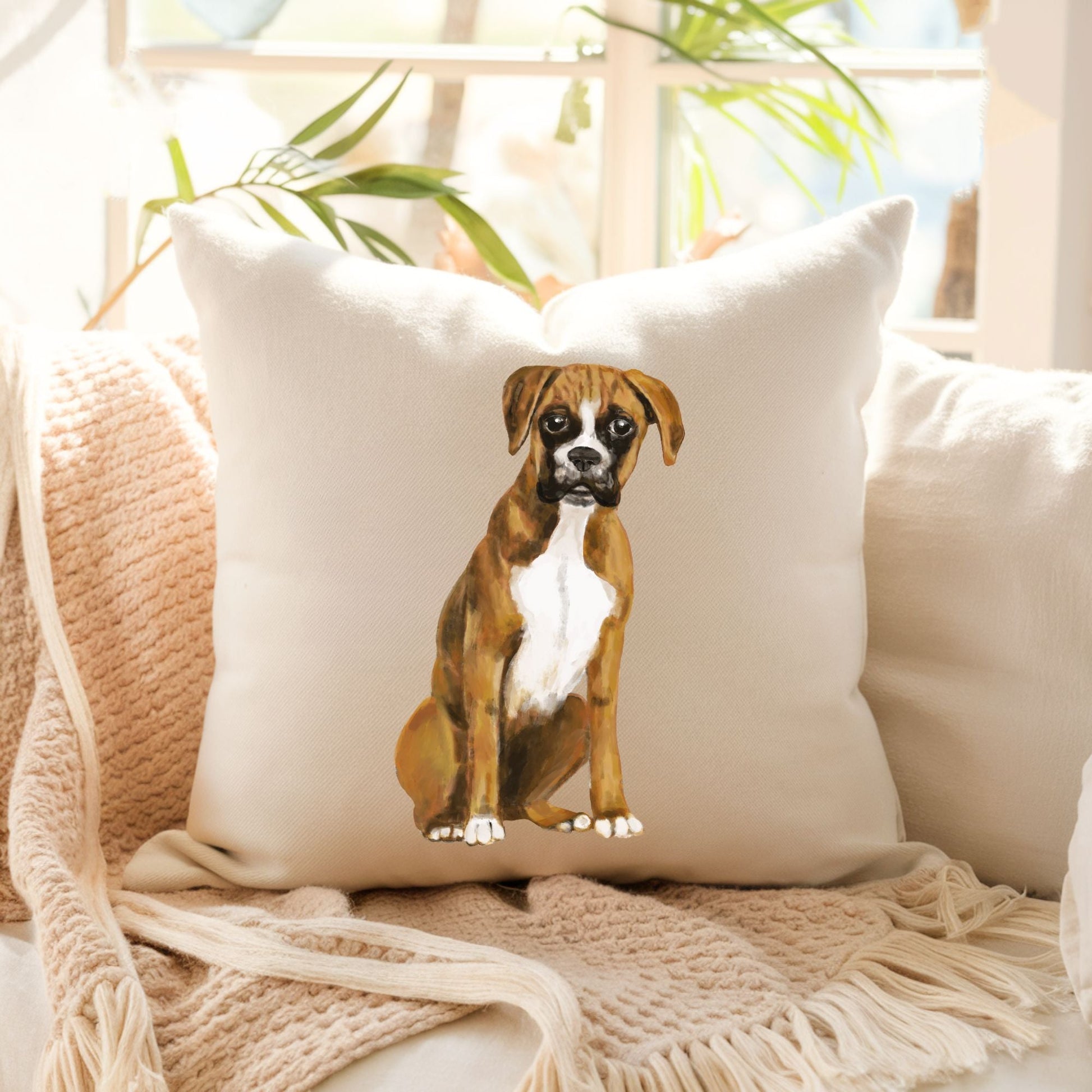 Boxer Dog Pillow Brown and White Dog Lovers Gift - MerikaArt