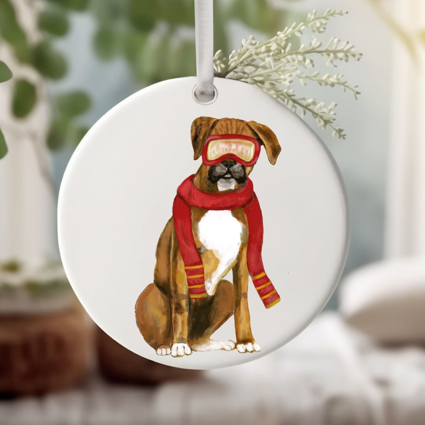 Boxer Ski Christmas Ornament - MerikaArt
