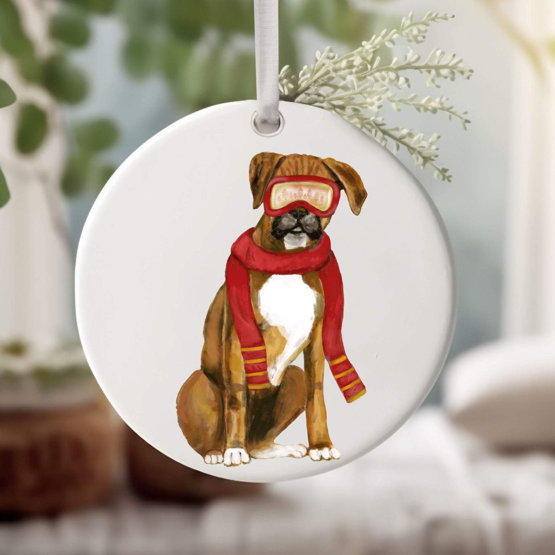 Boxer Ski Christmas Ornament - MerikaArt