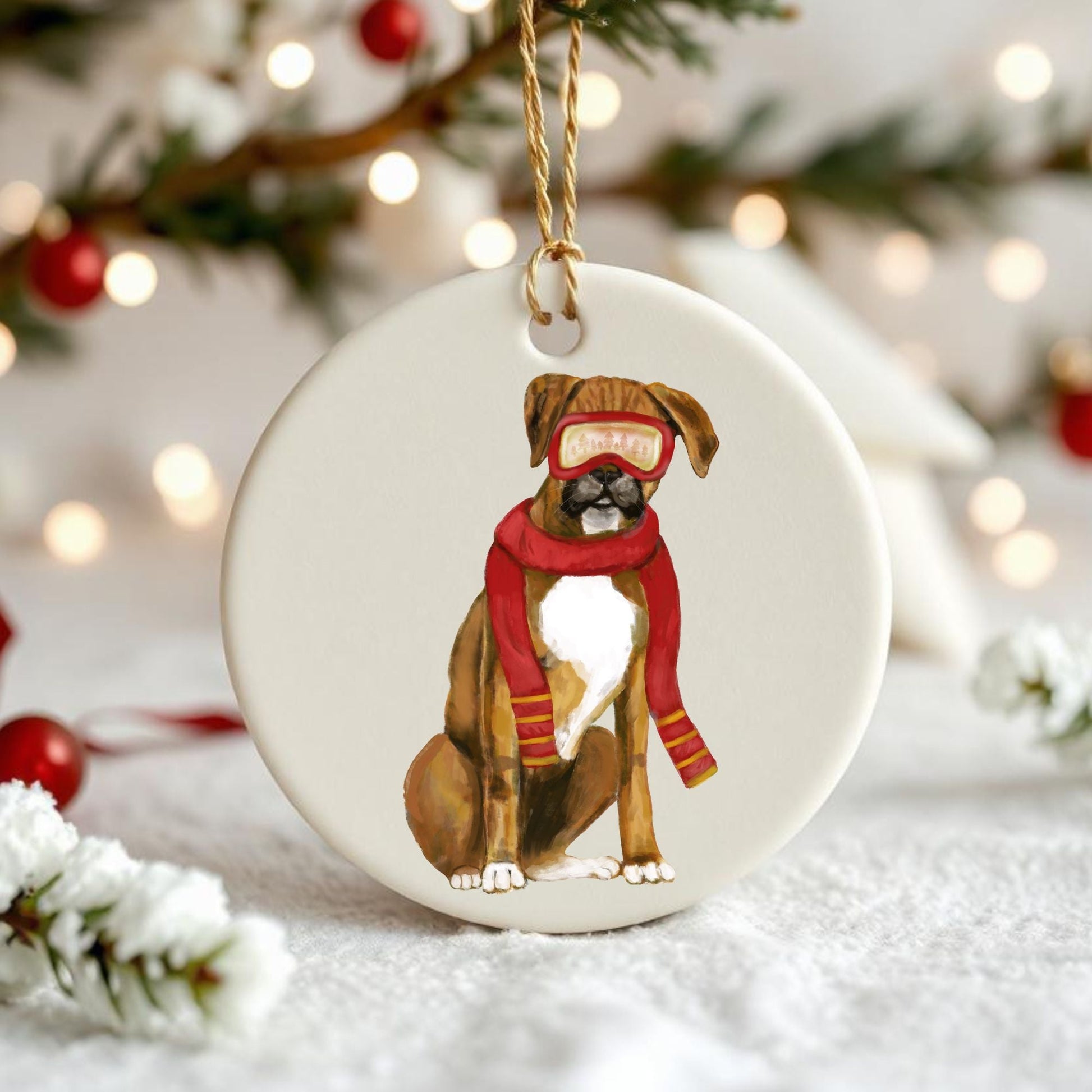 Boxer Ski Christmas Ornament - MerikaArt