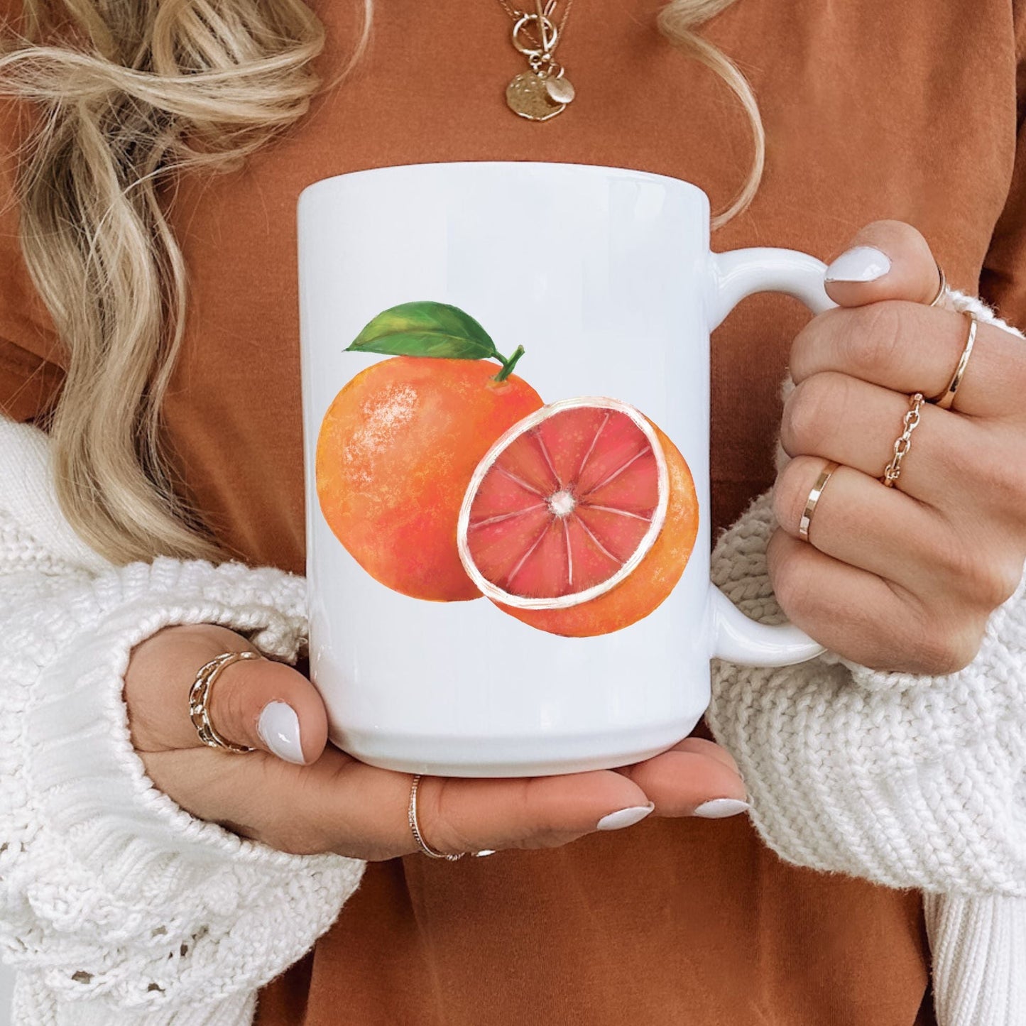 Bright Orange Mug with Juicy Citrus Art - MerikaArt