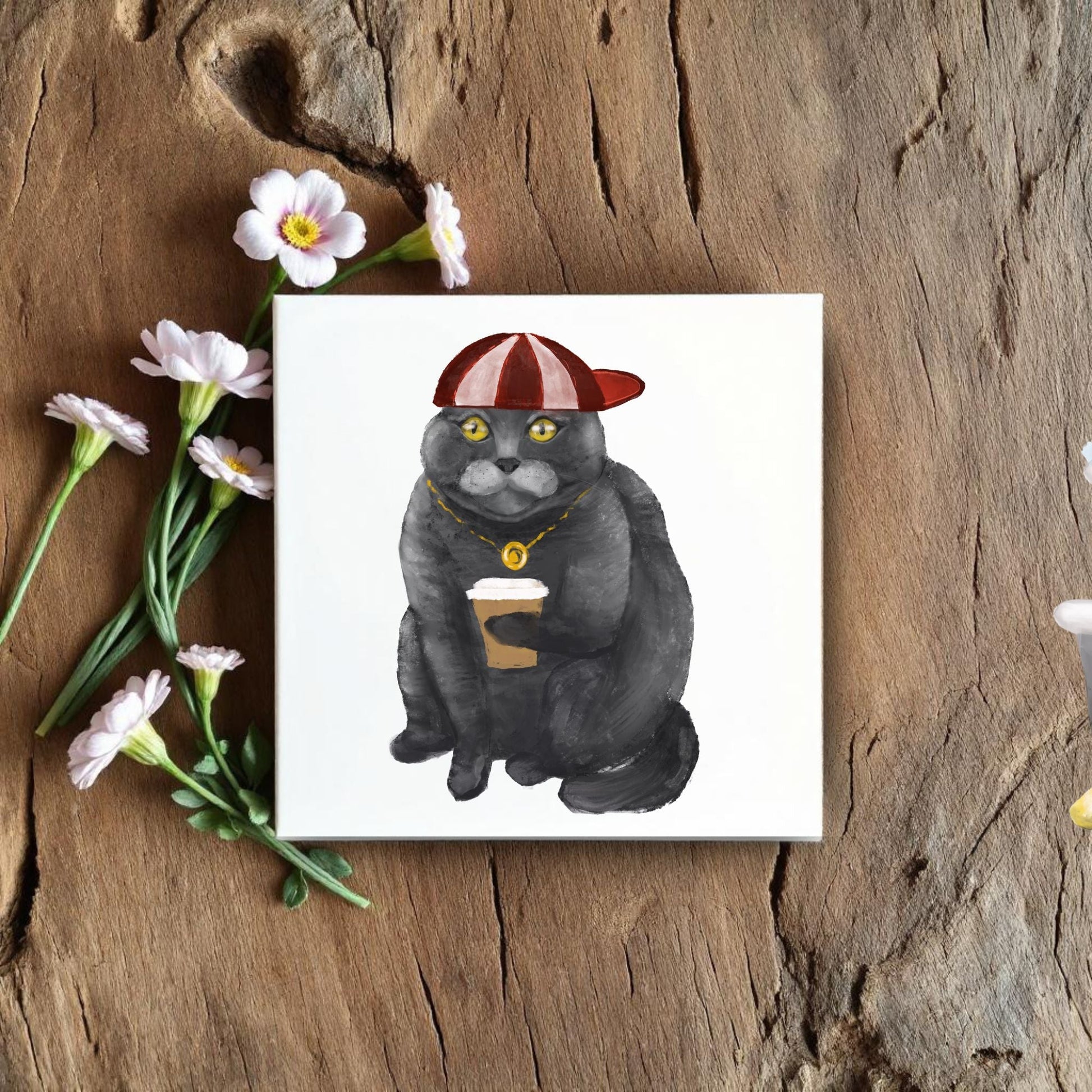 British Shorthair Coffee Lover Ceramic Tile - MerikaArt