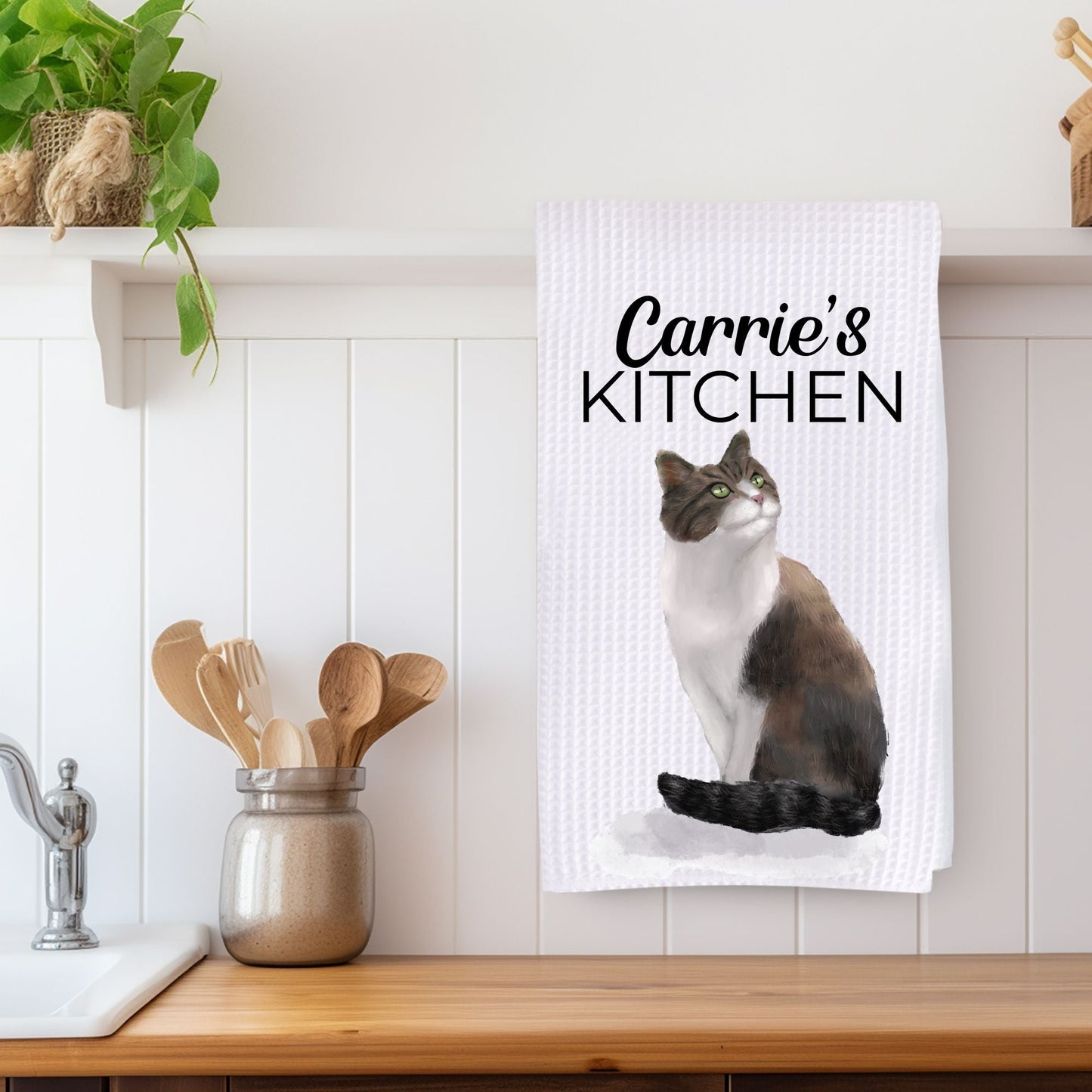 Brown and White Cat Waffle Weave Kitchen Towel - MerikaArt