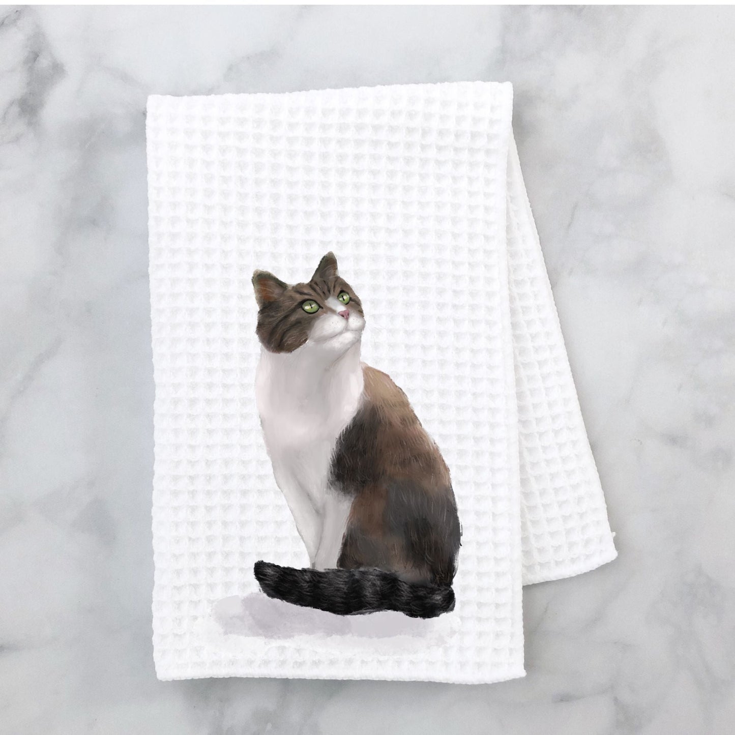 Brown and White Cat Waffle Weave Kitchen Towel - MerikaArt