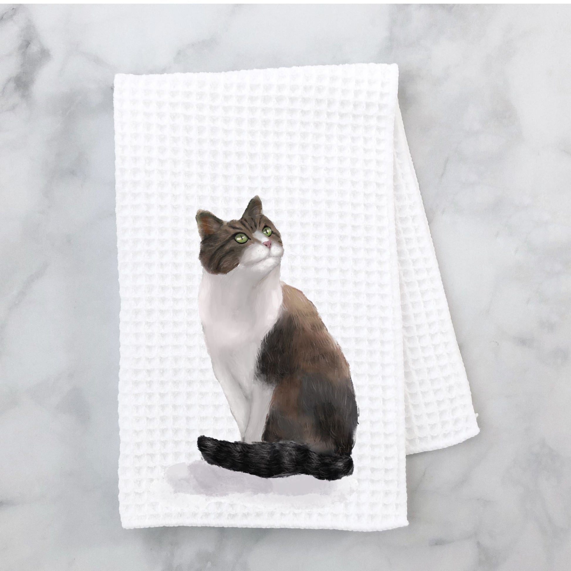 Brown and White Cat Waffle Weave Kitchen Towel - MerikaArt
