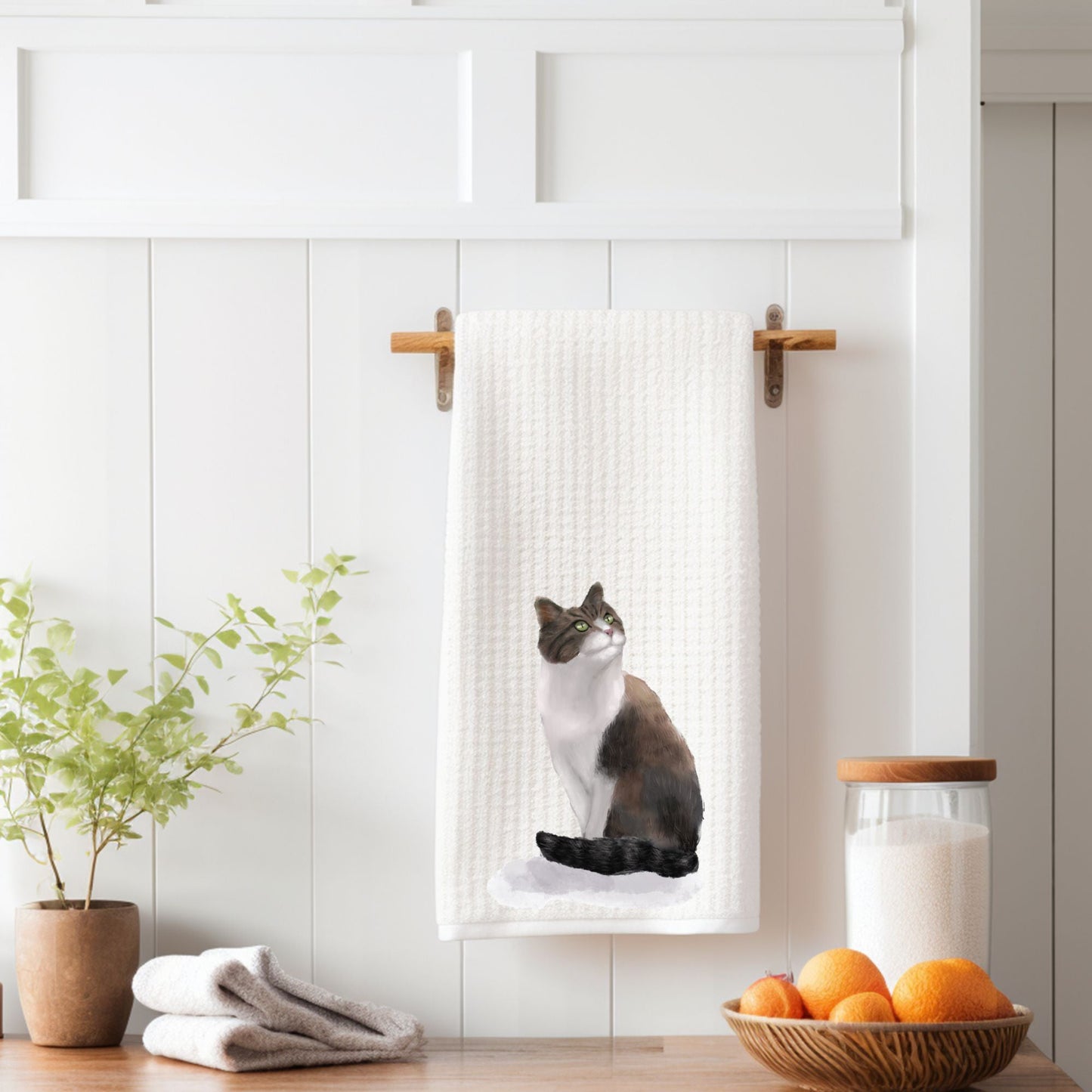 Brown and White Cat Waffle Weave Kitchen Towel - MerikaArt