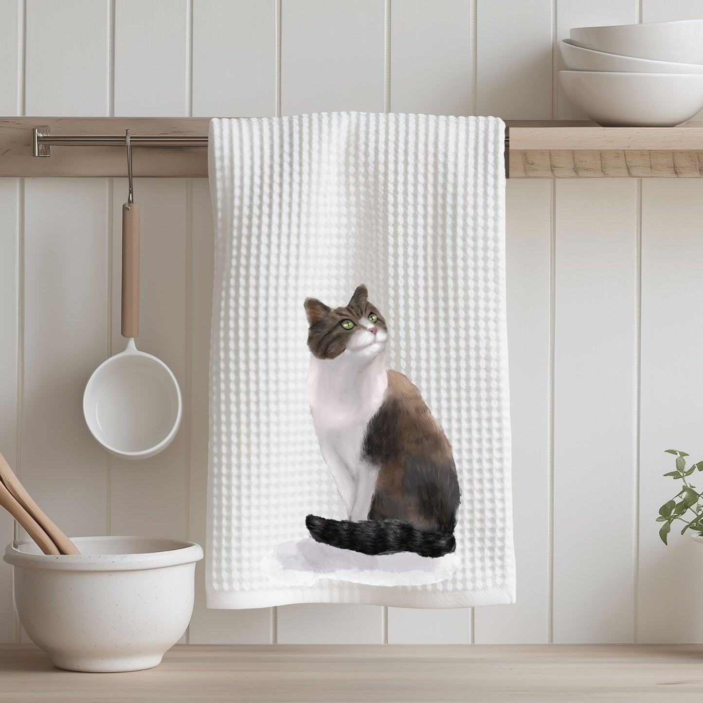 Brown and White Cat Waffle Weave Kitchen Towel - MerikaArt