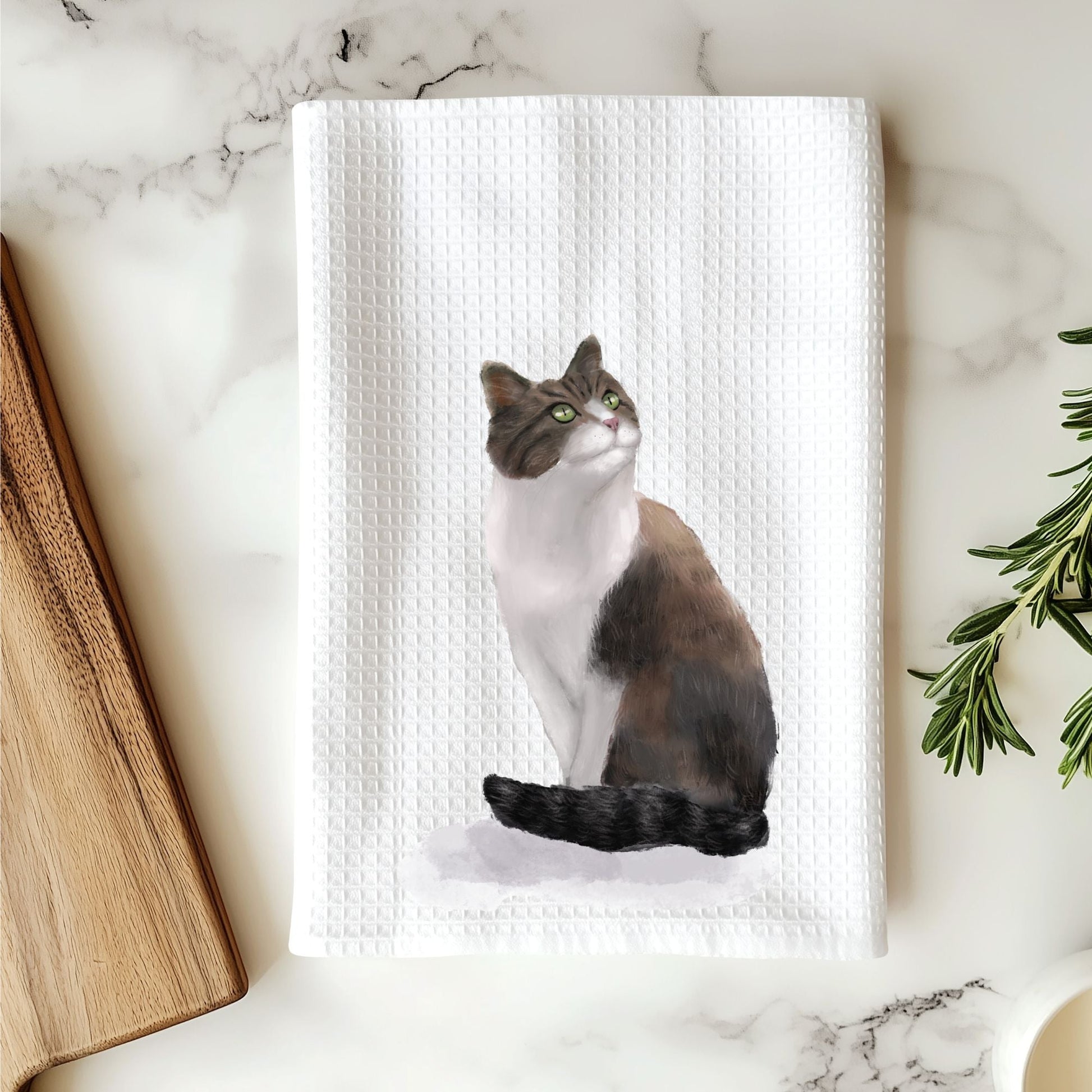 Brown and White Cat Waffle Weave Kitchen Towel - MerikaArt