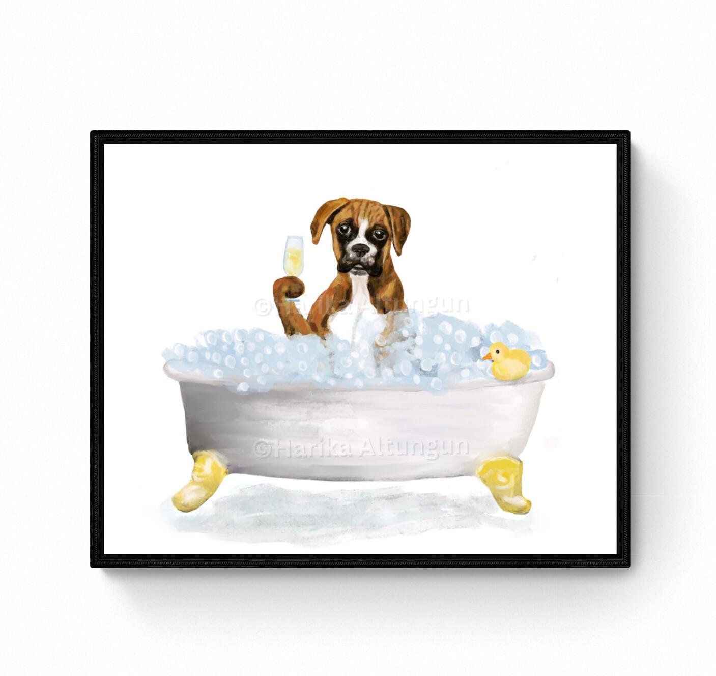 Brown Boxer Dog In Tub Print, Bathing Boxer Print, Bathroom Dog Painting, Doggy Relaxing In Bath Print, Boxer Lover Gift, Dog Mom Dad Gift - MerikaArt