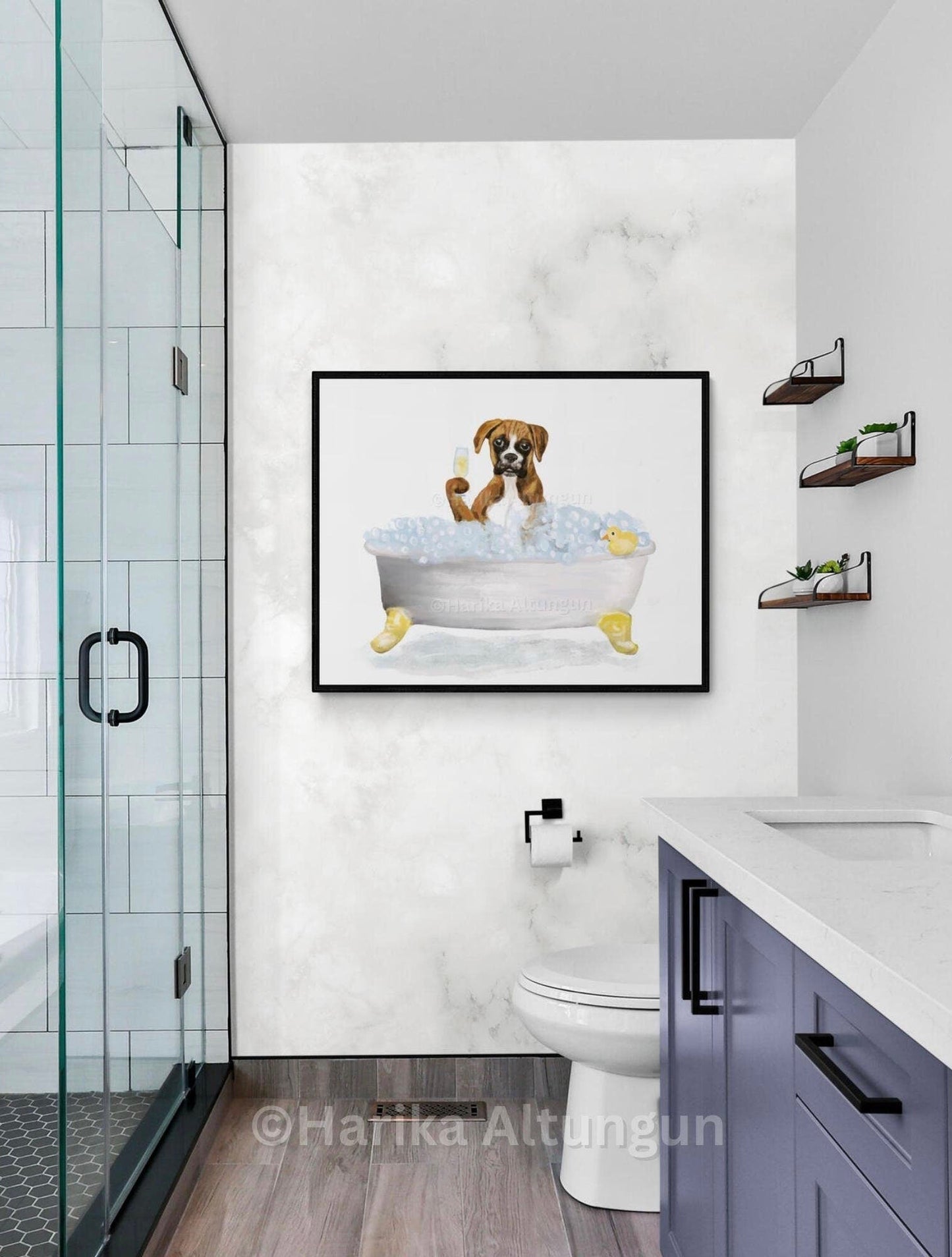 Brown Boxer Dog In Tub Print, Bathing Boxer Print, Bathroom Dog Painting, Doggy Relaxing In Bath Print, Boxer Lover Gift, Dog Mom Dad Gift - MerikaArt