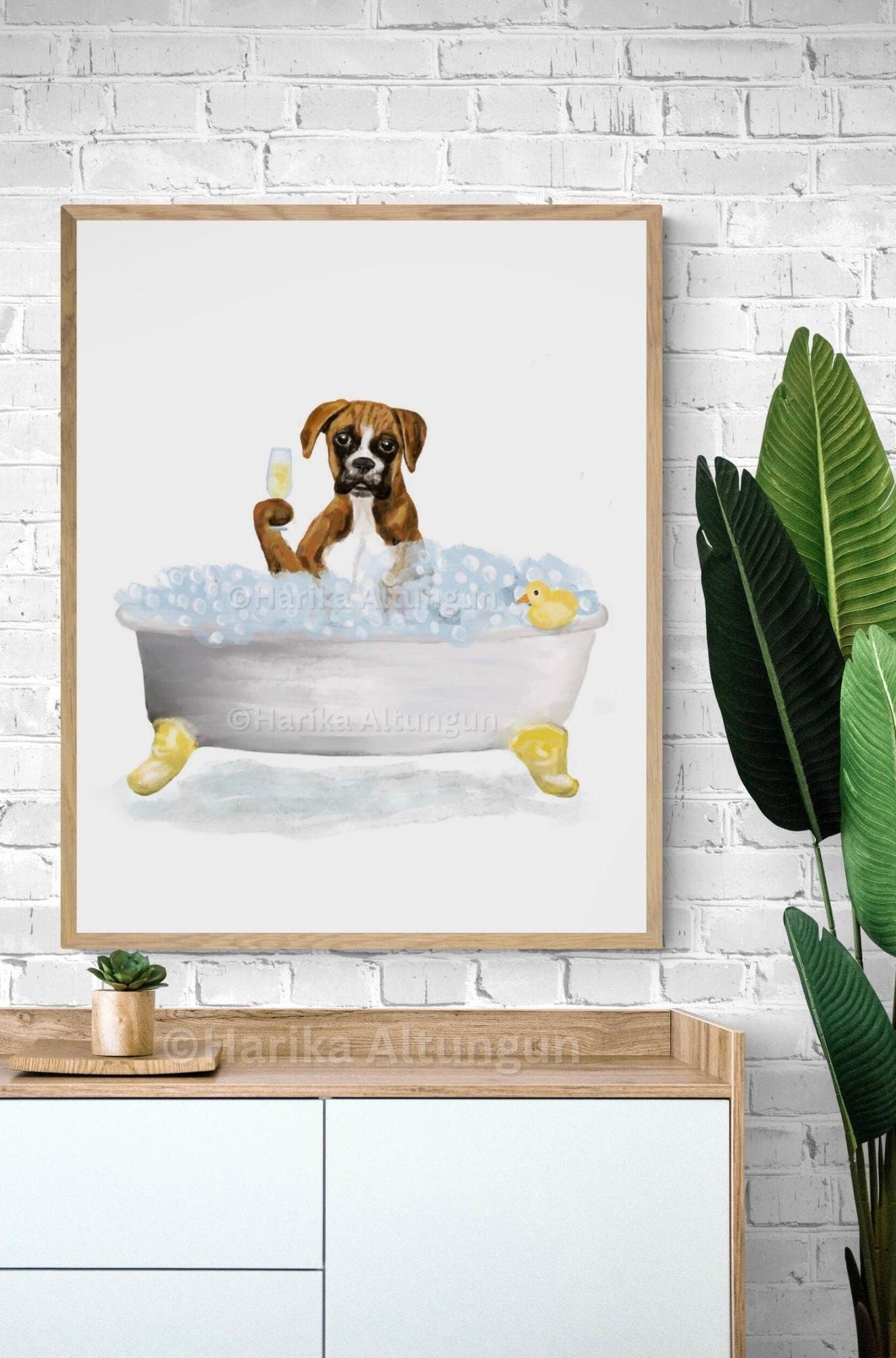 Brown Boxer Dog In Tub Print, Bathing Boxer Print, Bathroom Dog Painting, Doggy Relaxing In Bath Print, Boxer Lover Gift, Dog Mom Dad Gift - MerikaArt