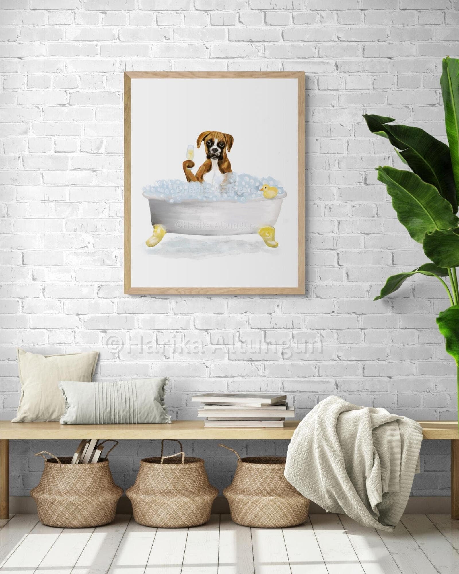 Brown Boxer Dog In Tub Print, Bathing Boxer Print, Bathroom Dog Painting, Doggy Relaxing In Bath Print, Boxer Lover Gift, Dog Mom Dad Gift - MerikaArt