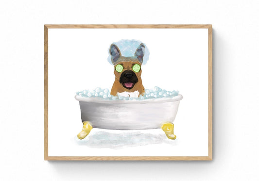 Brown French Bulldog Bathing Print, French Bulldog In Bathtub, Bathroom Wall Art, Dog Painting, Dog Relaxing In Bath Print, Dog Lover - MerikaArt