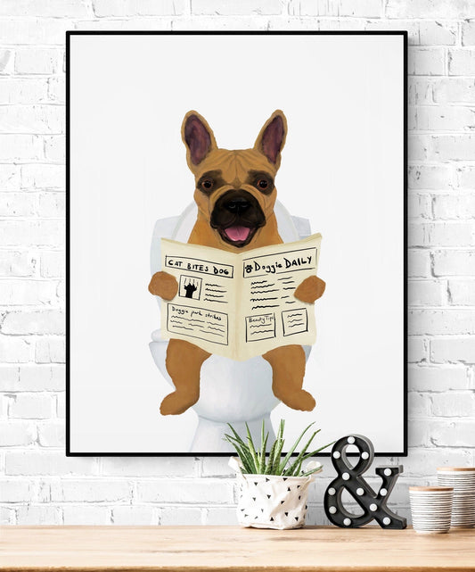 Brown French Bulldog On Toilet Print, Dog On Toilet Art, Bathroom Art, Bathroom Dog Painting, Frenchie On Toilet Print, Dog Lover Gift - MerikaArt