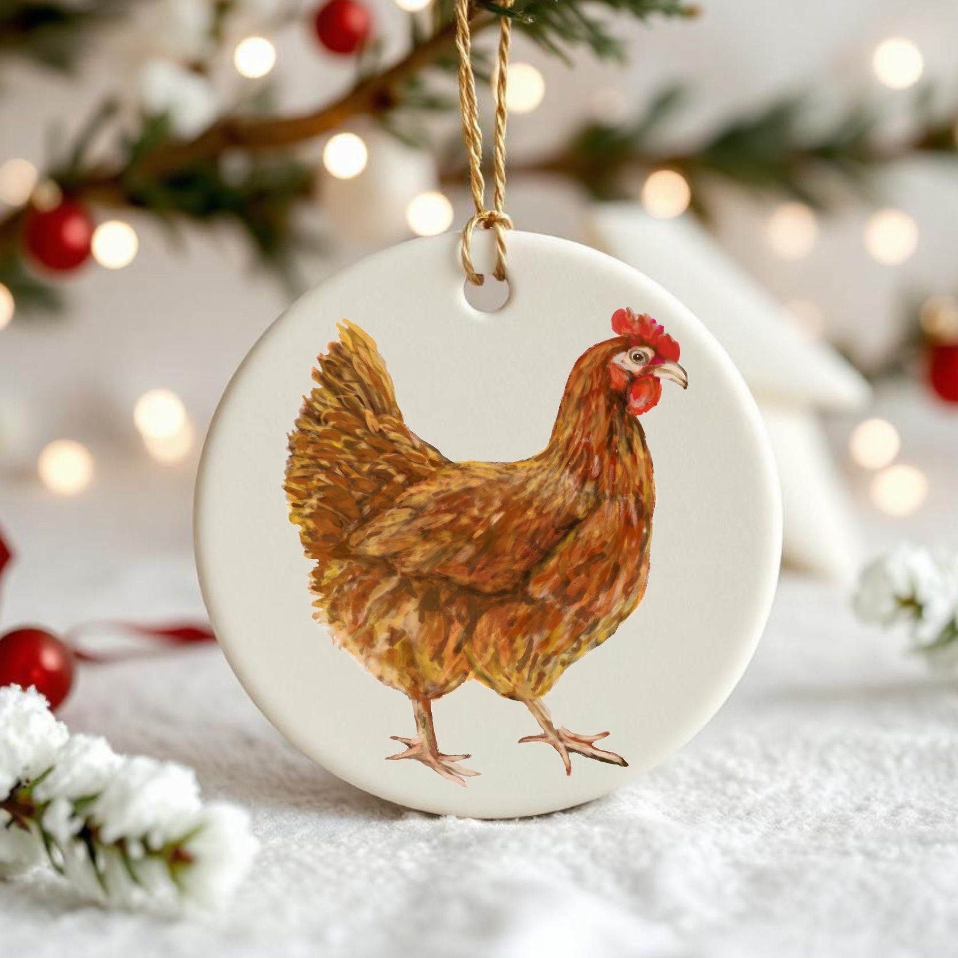 Brown Hen Ceramic Christmas Ornament - MerikaArt