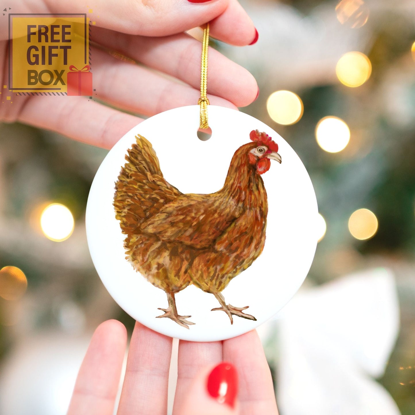 Brown Hen Ceramic Christmas Ornament - MerikaArt