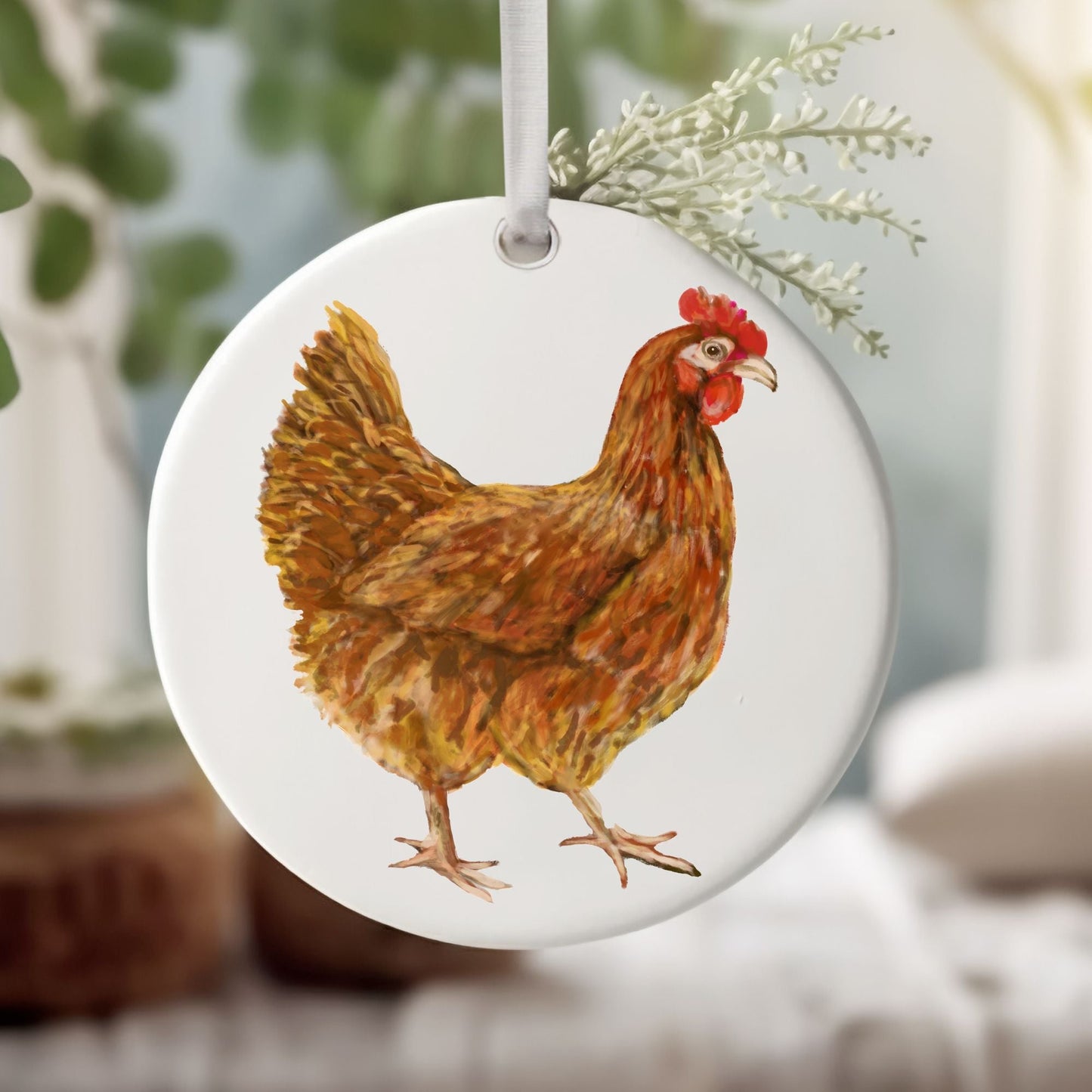 Brown Hen Ceramic Christmas Ornament - MerikaArt