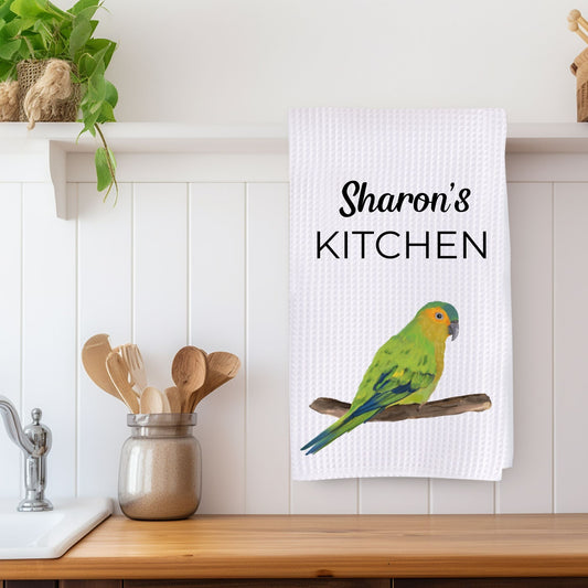 Brown - Throated Conure Kitchen Towel - MerikaArt