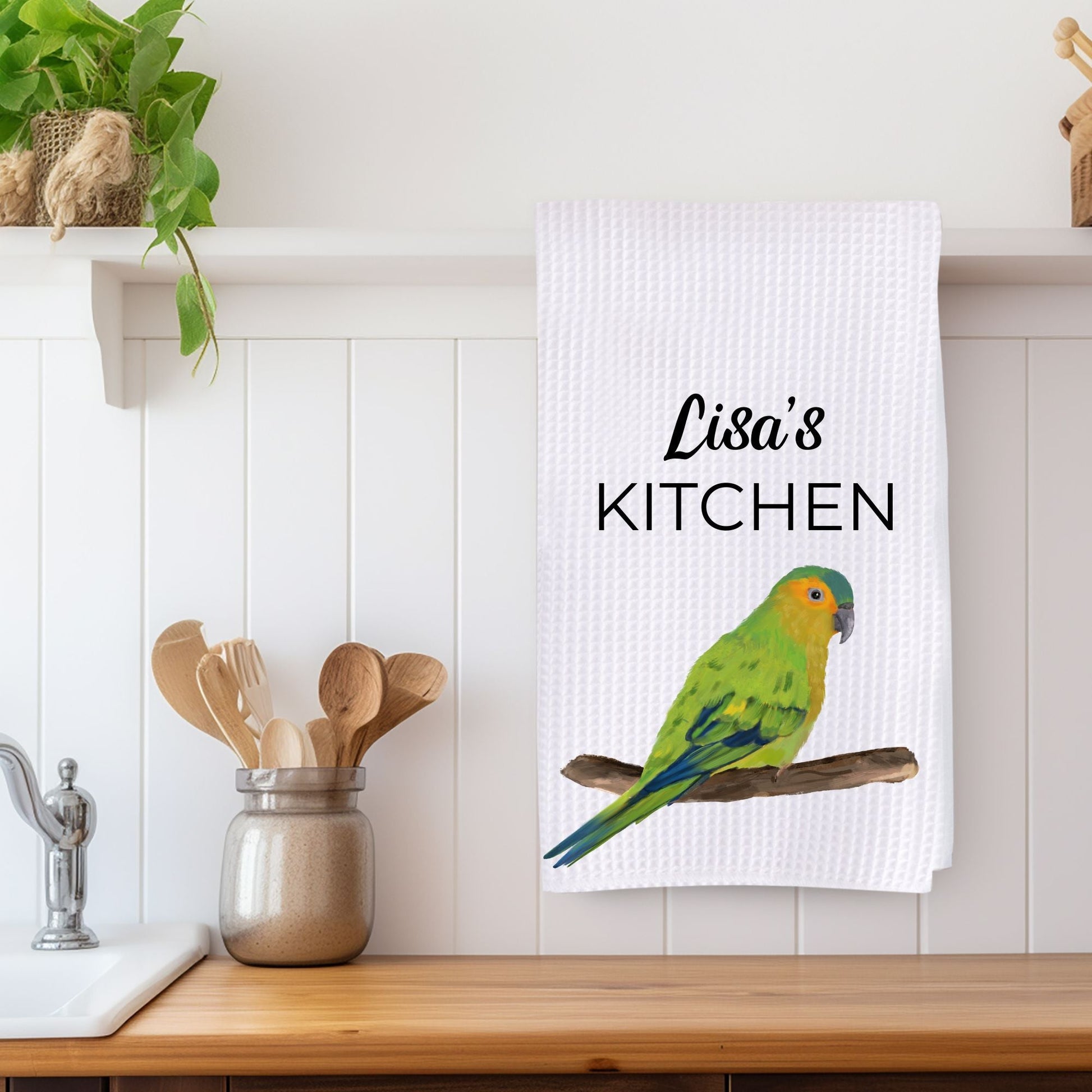 Brown - throated Parakeet Kitchen Towel - MerikaArt