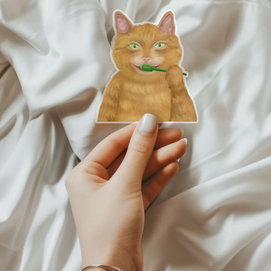 Brushing Orange Cat Sticker - MerikaArt