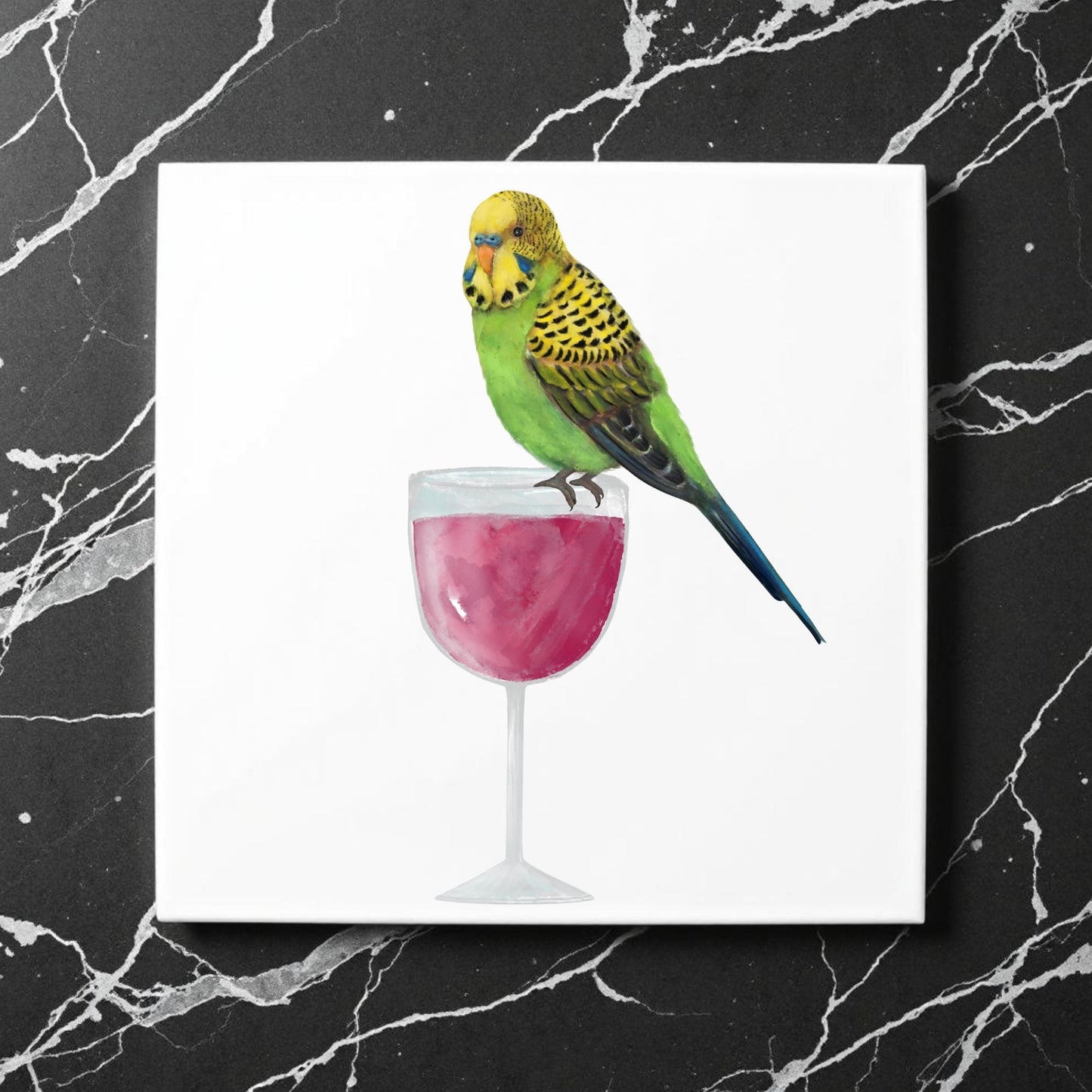 Budgerigar on Wine Glass Ceramic Tile - MerikaArt
