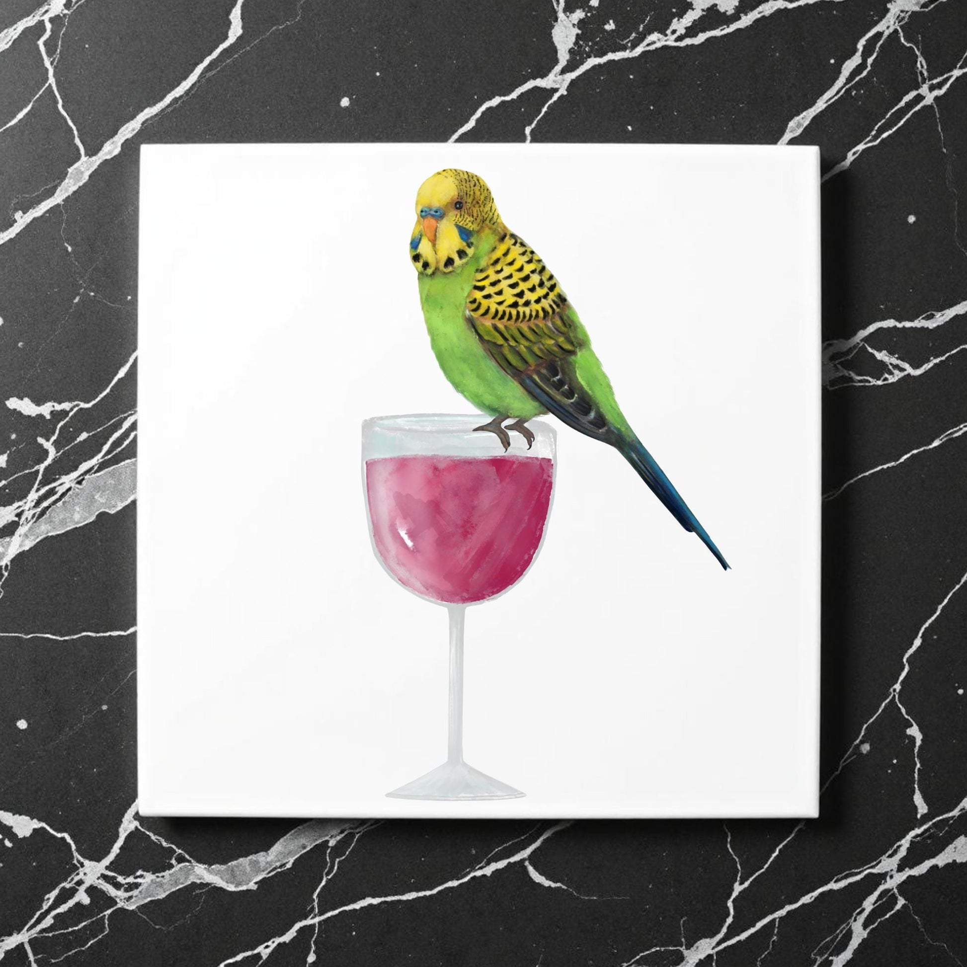 Budgerigar on Wine Glass Ceramic Tile - MerikaArt