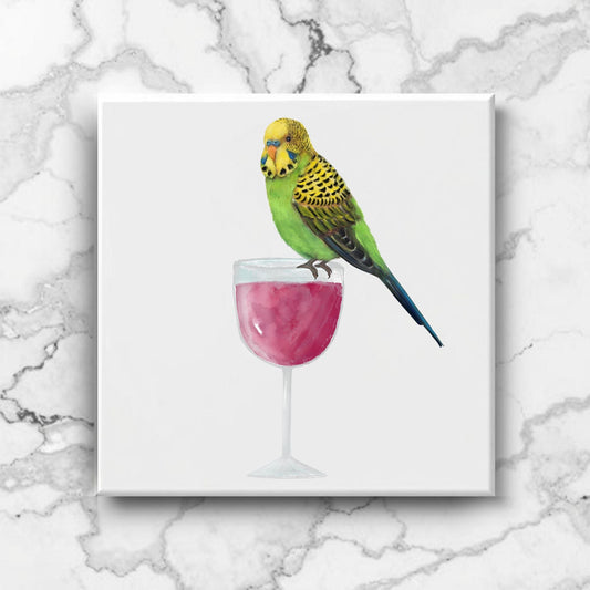 Budgerigar on Wine Glass Ceramic Tile - MerikaArt