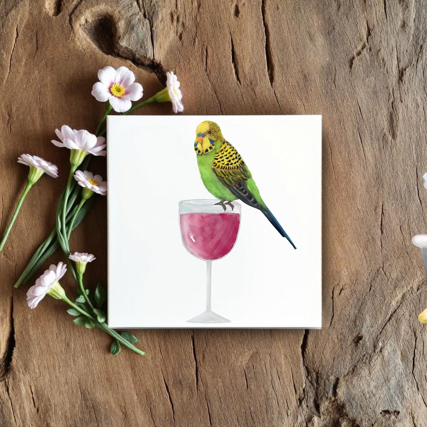 Budgerigar on Wine Glass Ceramic Tile - MerikaArt