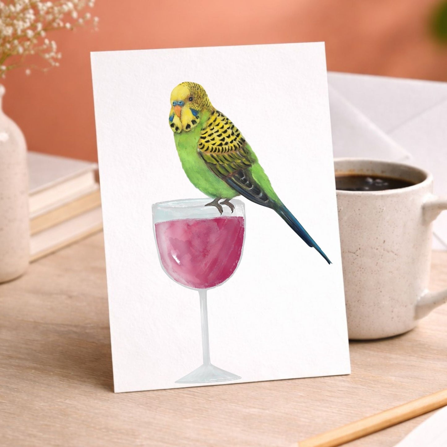 Budgerigar on Wine Glass Postcard - MerikaArt