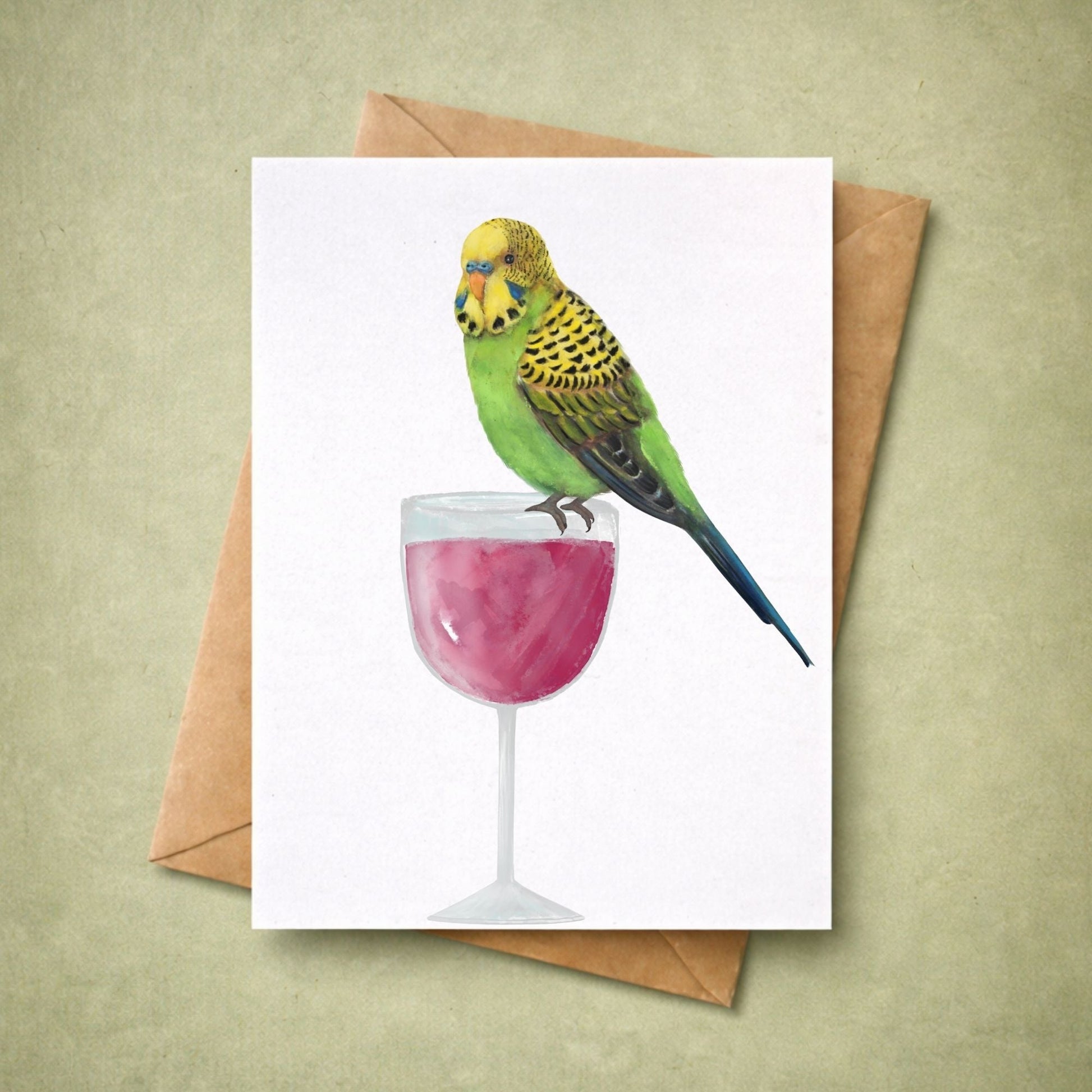 Budgerigar on Wine Glass Postcard - MerikaArt