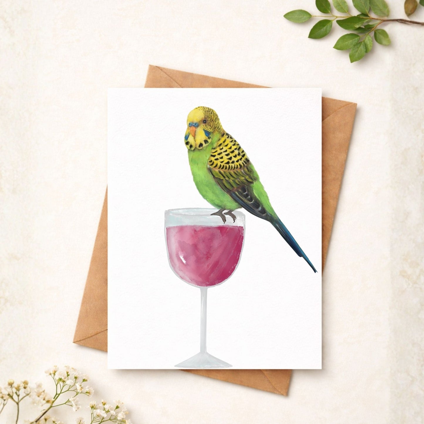 Budgerigar on Wine Glass Postcard - MerikaArt