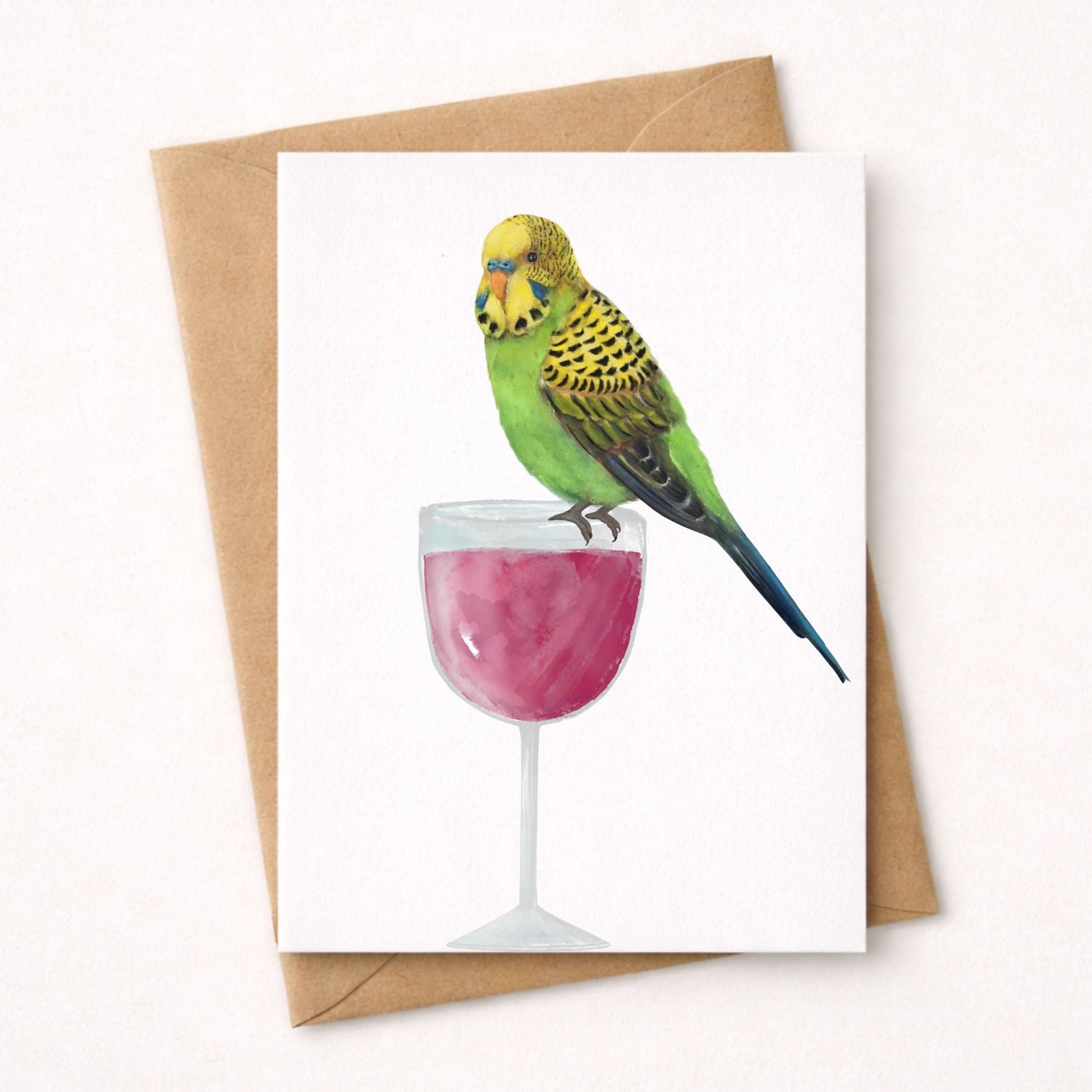 Budgerigar on Wine Glass Postcard - MerikaArt