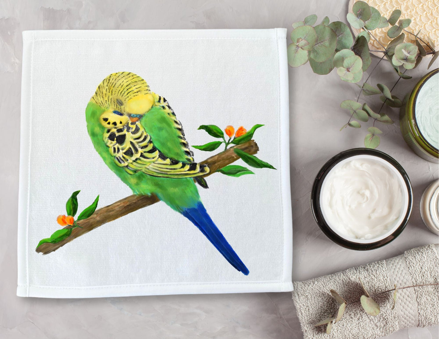 Budgie on a Floral Branch Washcloth – A Vibrant Gift for Bird Lovers - MerikaArt