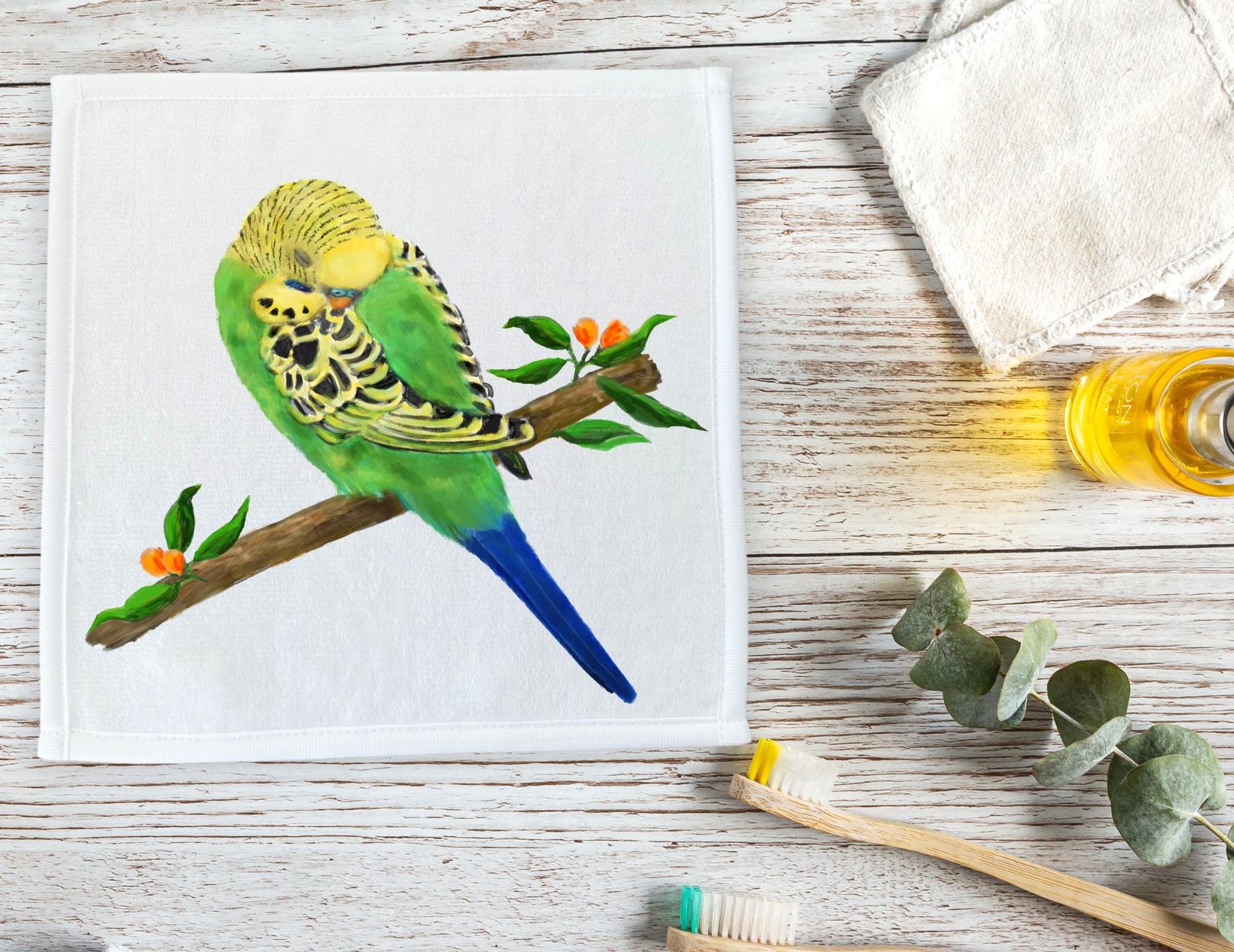 Budgie on a Floral Branch Washcloth – A Vibrant Gift for Bird Lovers - MerikaArt