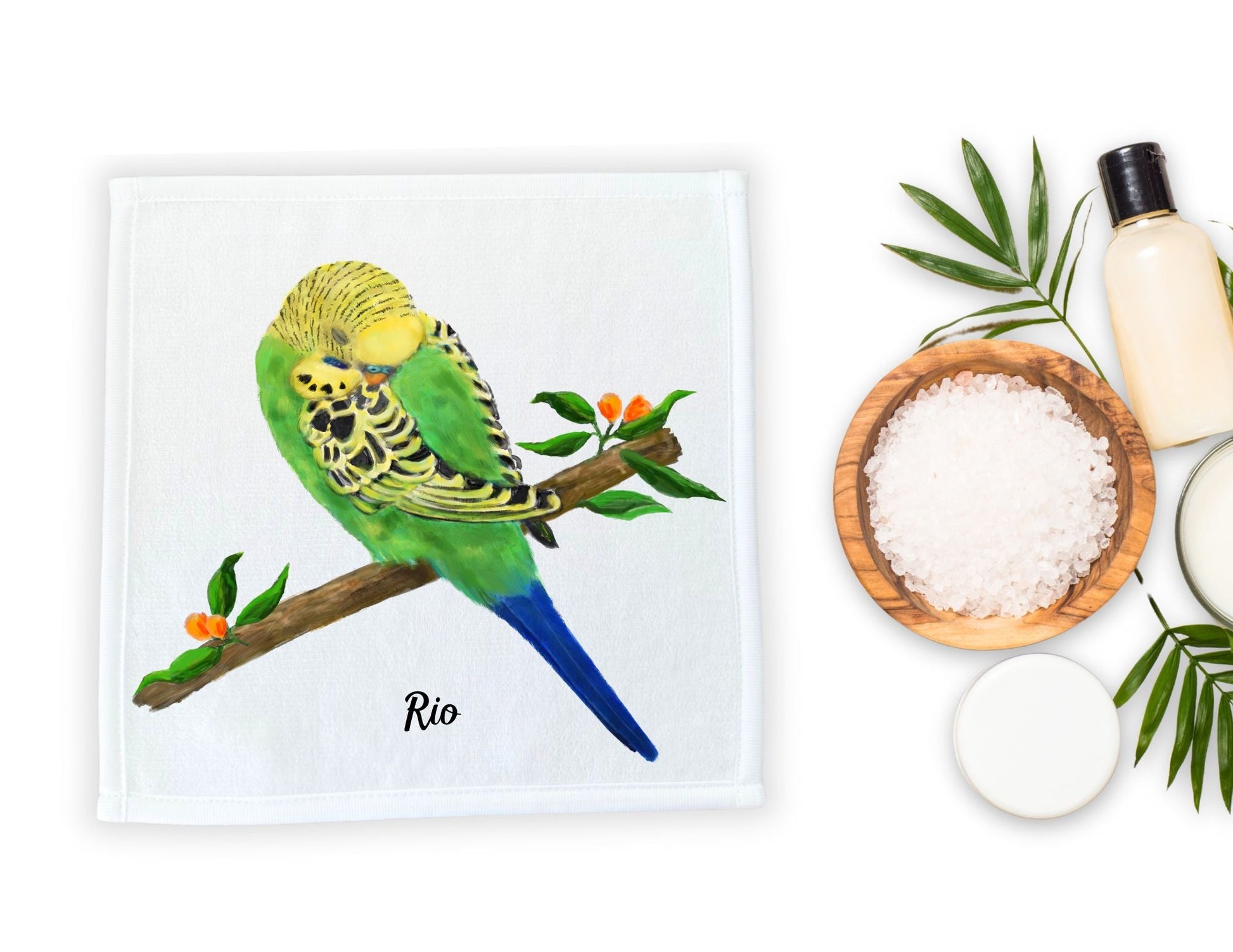 Budgie on a Floral Branch Washcloth – A Vibrant Gift for Bird Lovers - MerikaArt