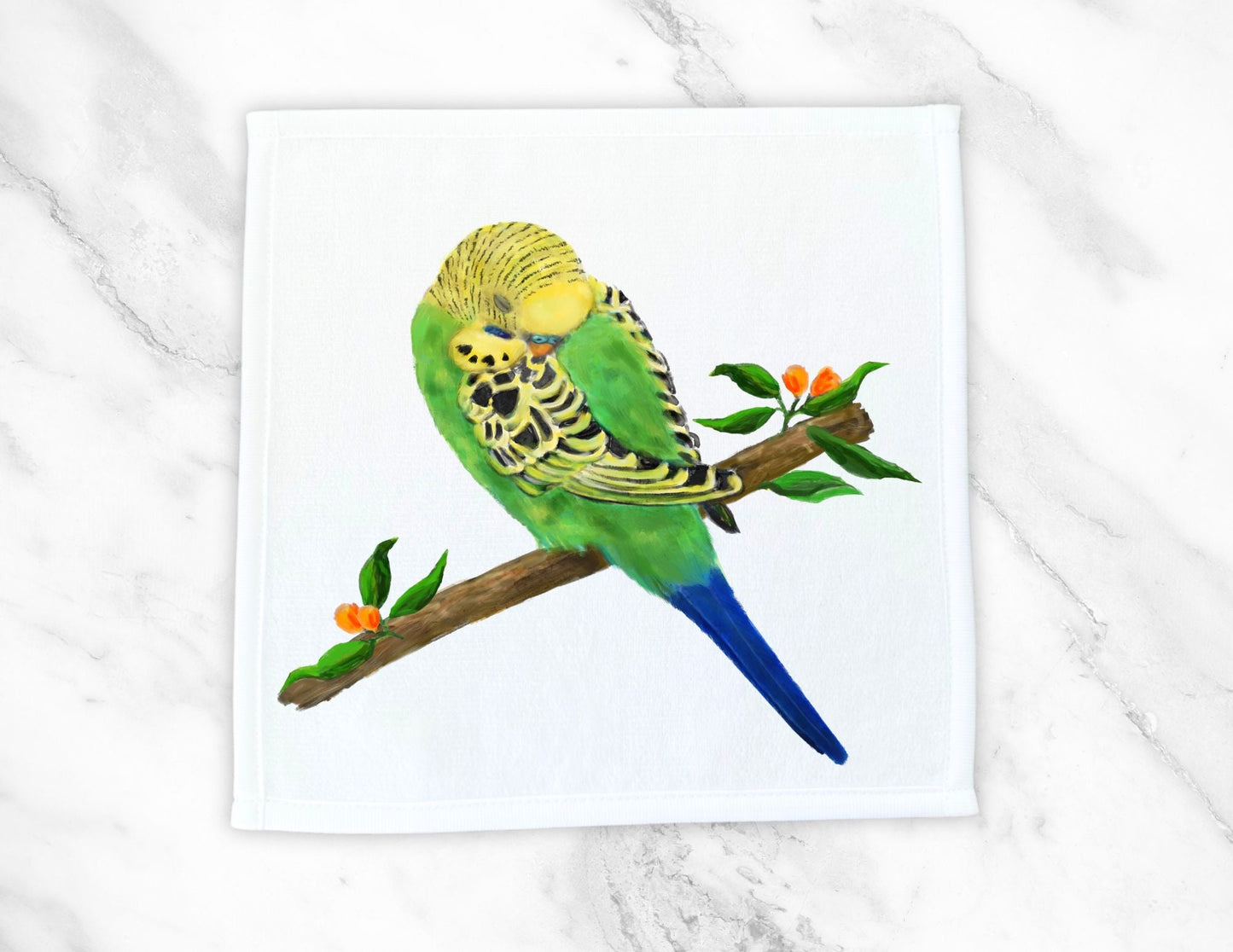 Budgie on a Floral Branch Washcloth – A Vibrant Gift for Bird Lovers - MerikaArt