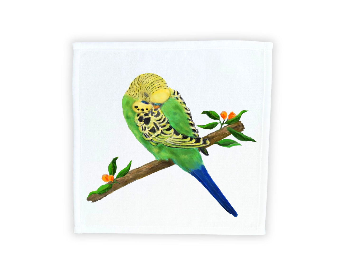 Budgie on a Floral Branch Washcloth – A Vibrant Gift for Bird Lovers - MerikaArt