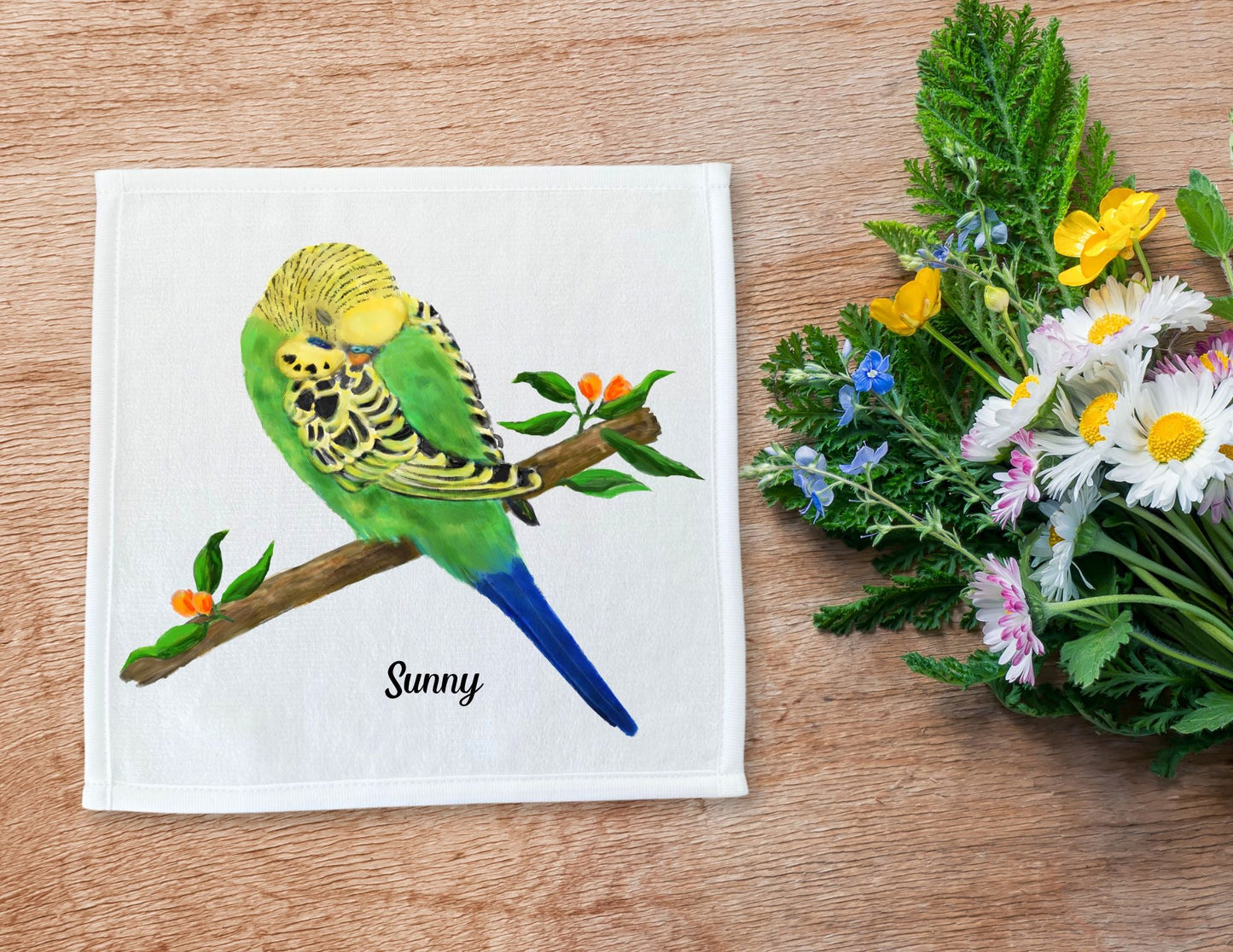 Budgie on a Floral Branch Washcloth – A Vibrant Gift for Bird Lovers - MerikaArt