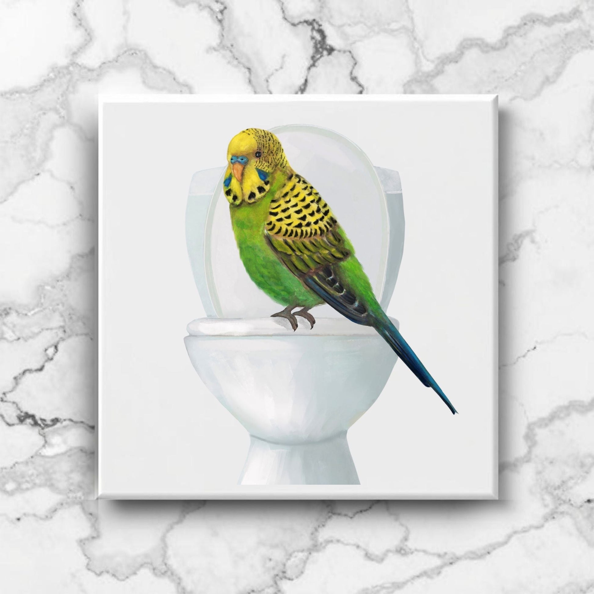 Budgie on Toilet Ceramic Tile – Handcrafted Whimsical Bird Decor - MerikaArt