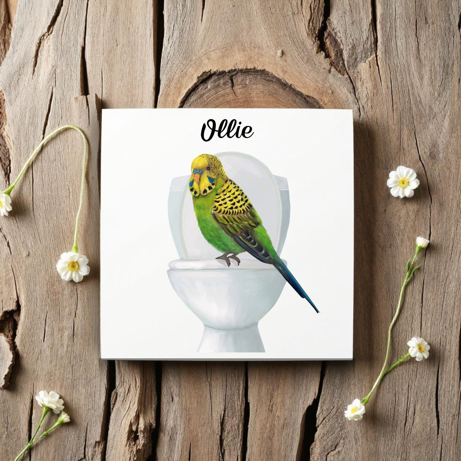 Budgie on Toilet Ceramic Tile – Handcrafted Whimsical Bird Decor - MerikaArt