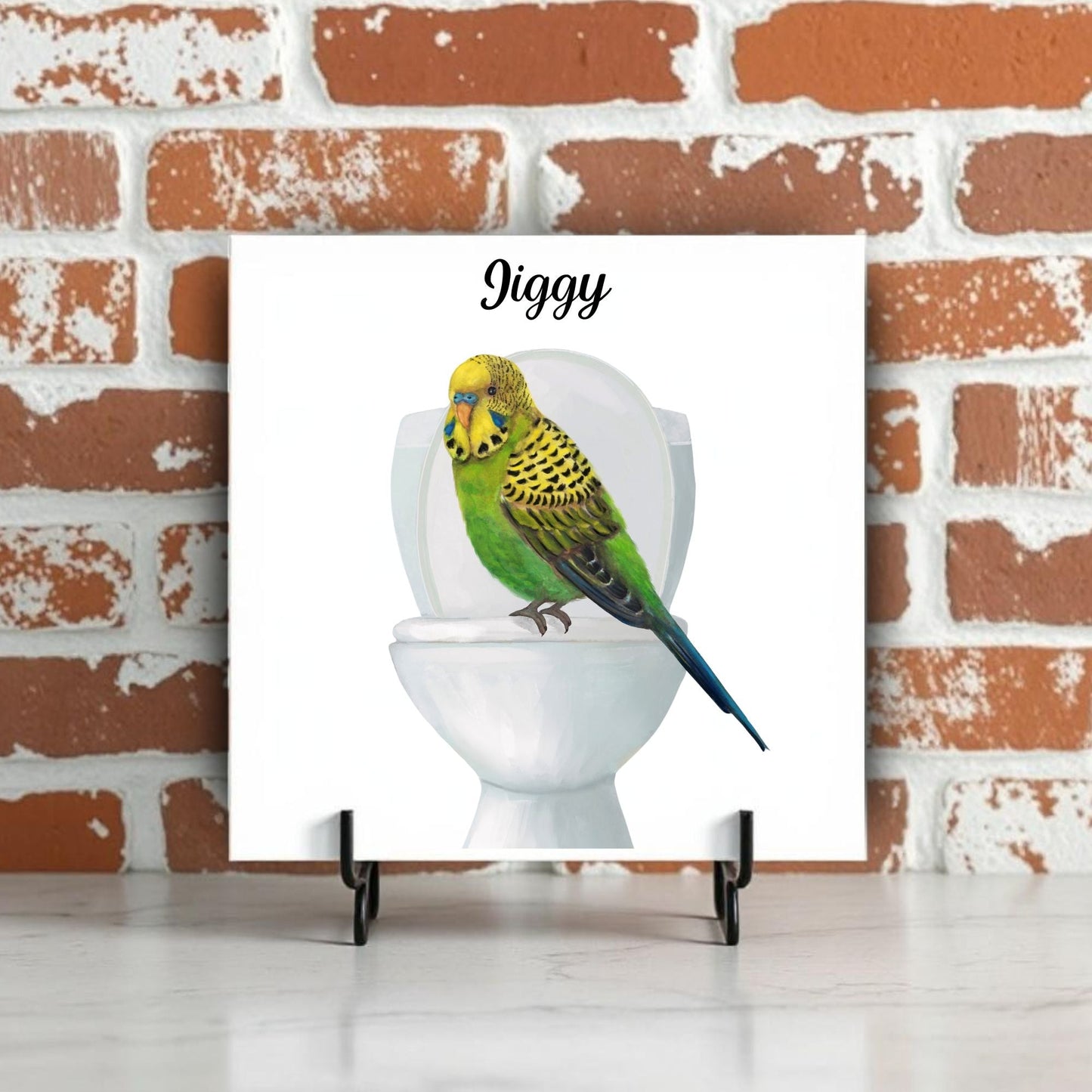 Budgie on Toilet Ceramic Tile – Handcrafted Whimsical Bird Decor - MerikaArt